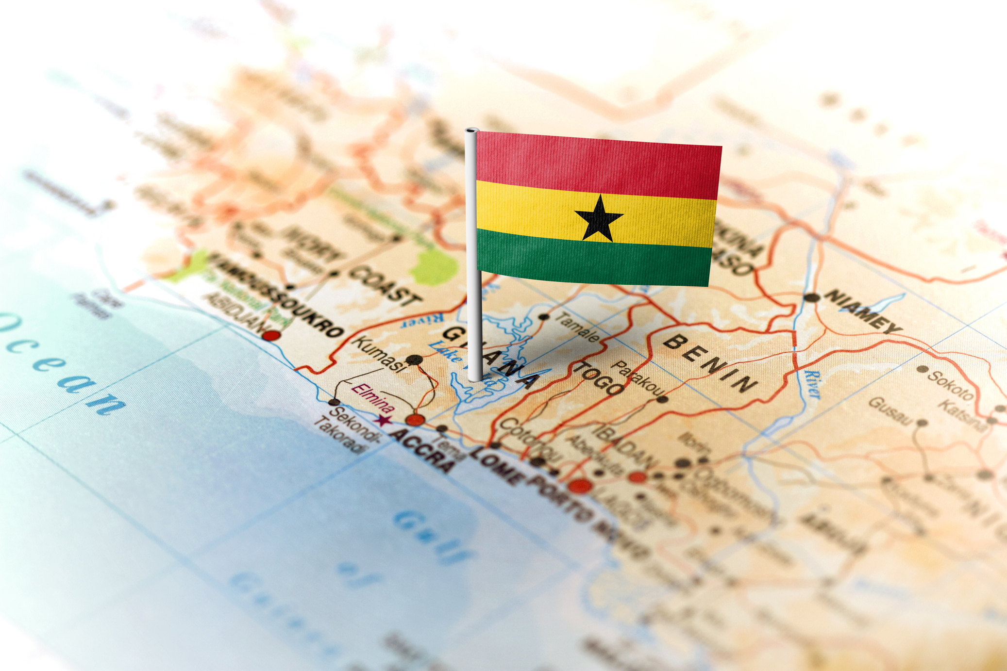 Ghana pinned on the map with flag